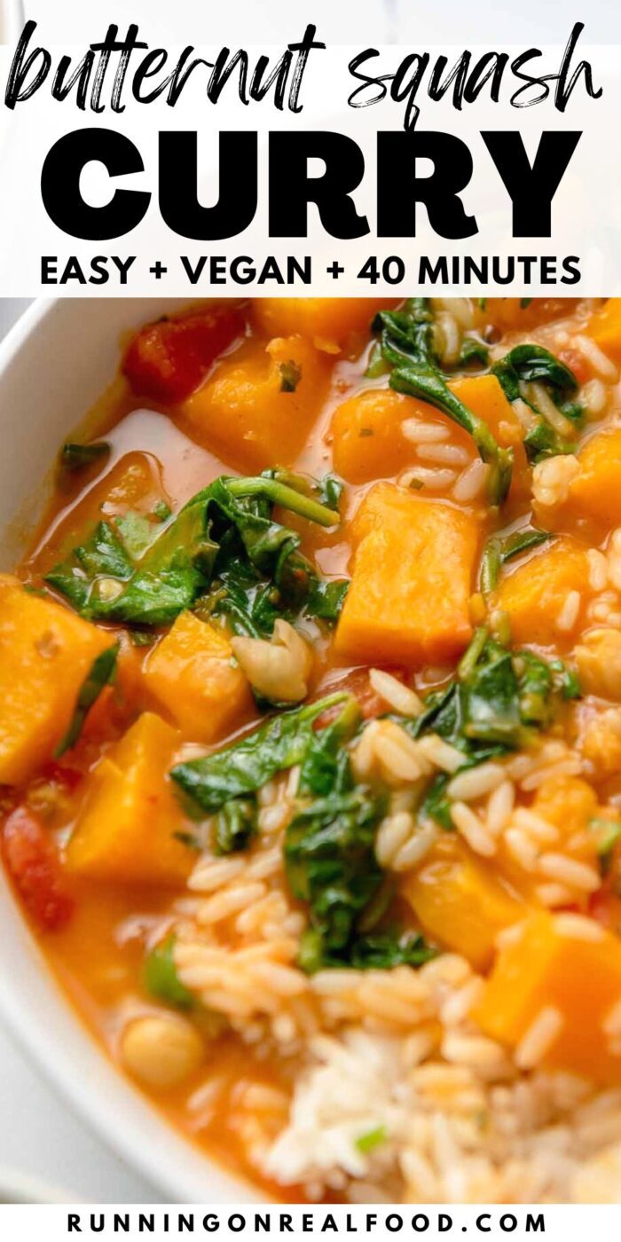 Pinterest style graphic with an image of a butternut squash curry recipe and text reading "butternut squash curry".