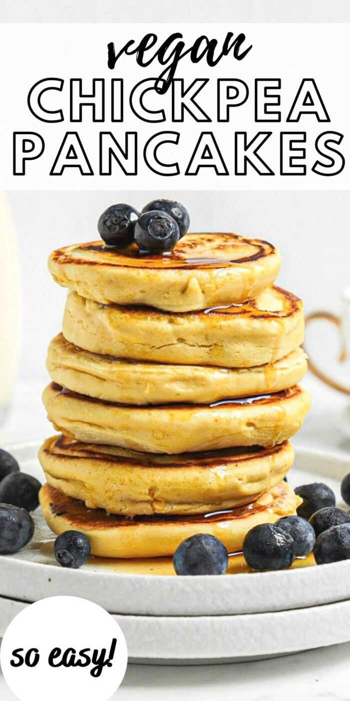 Pinterest graphic with an image and text for vegan chickpea flour pancakes.