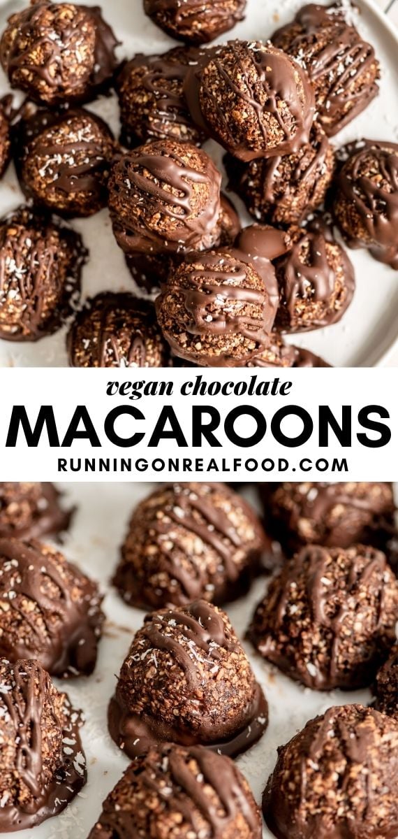 Pinterest graphic with an image and text for chocolate coconut macaroons.