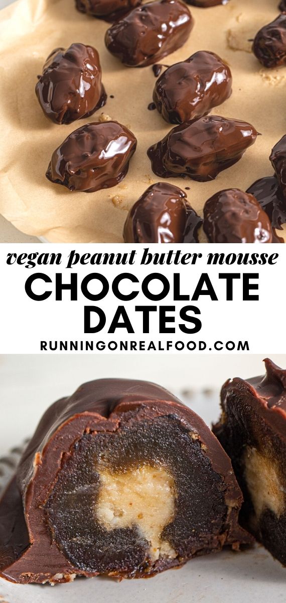 Pinterest graphic with an image and text for peanut butter mousse stuffed dates.
