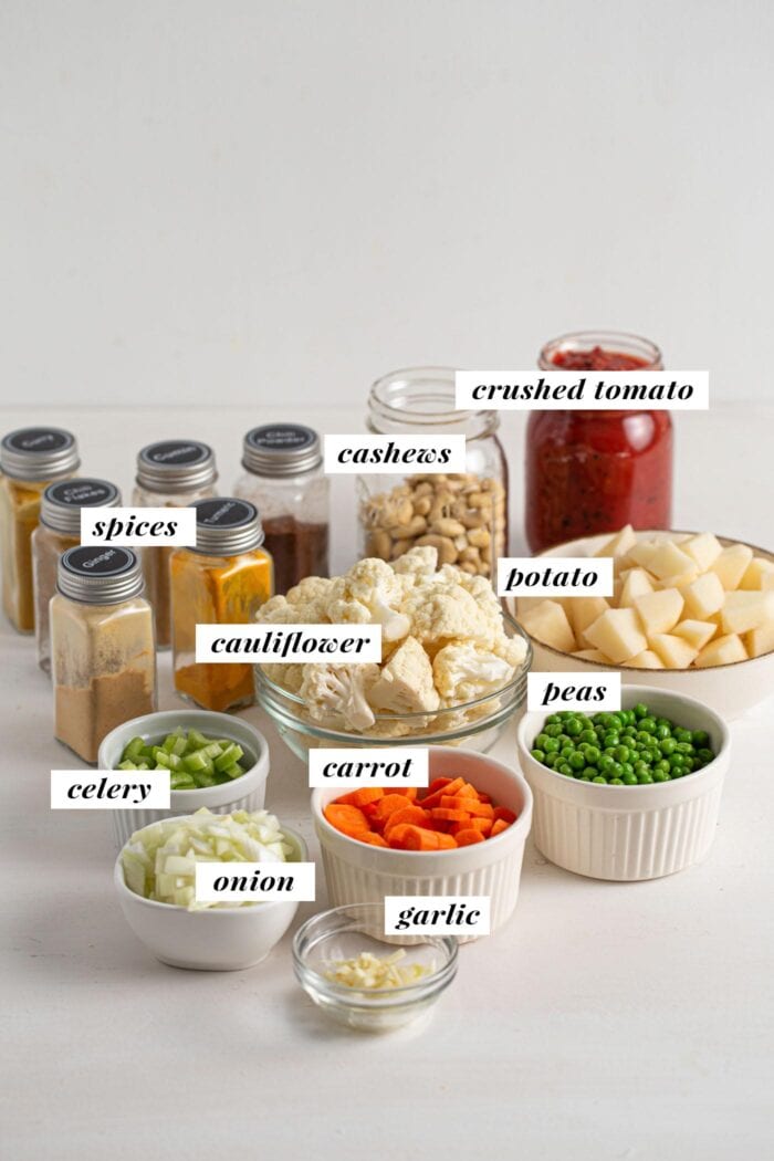 Visual of all ingredients needed for making a vegan vegetable korma recipe. Each ingredient is labelled with text overlay.