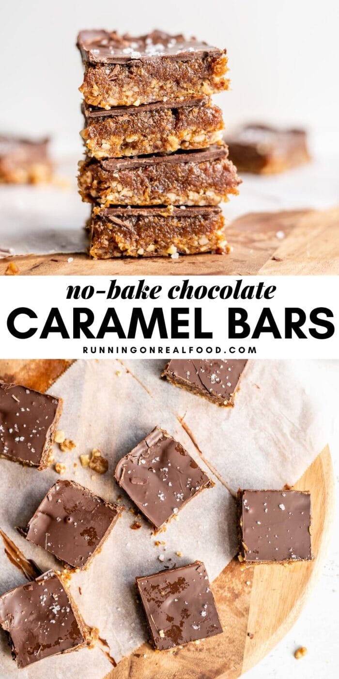 Pinterest graphic with an image and text for no-bake chocolate caramel bars.