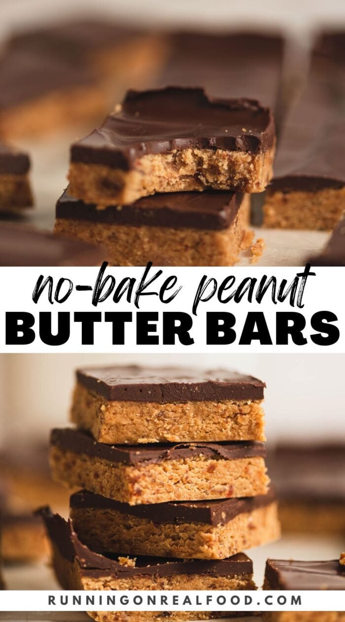 Pinterest graphic for easy no-bake peanut butter bars with 2 images of the bars and stylized text title.