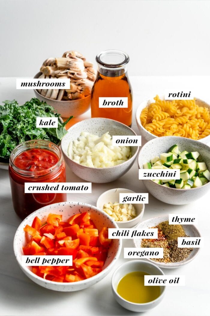 Visual of ingredients needed for making one pot pasta labelled with text overlay.