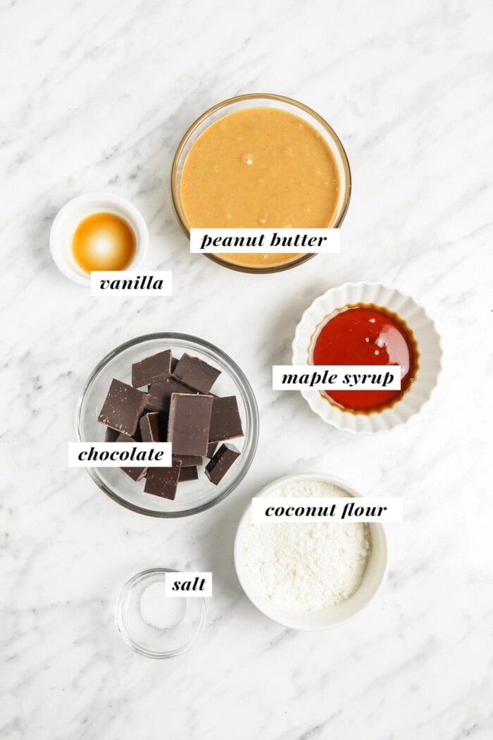 All ingredients needed for making vegan peanut butter eggs labelled with text overlay.