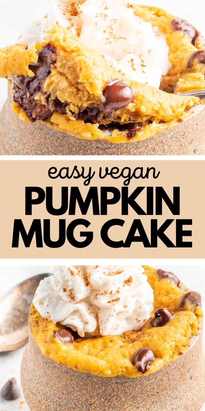 Pinterest graphic with an image and text for pumpkin mug cake.