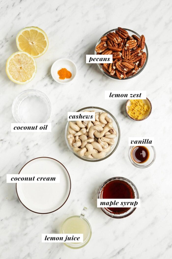 Visual list of all ingredients needed for making a raw vegan lemon cheesecake recipe.