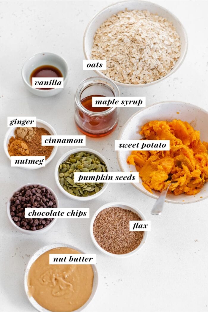 Visual of ingredients needed for making sweet potato cookies. Each ingredient is labelled with text overlay.