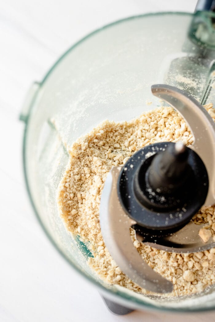 Cashews blended into flour in a food processor.