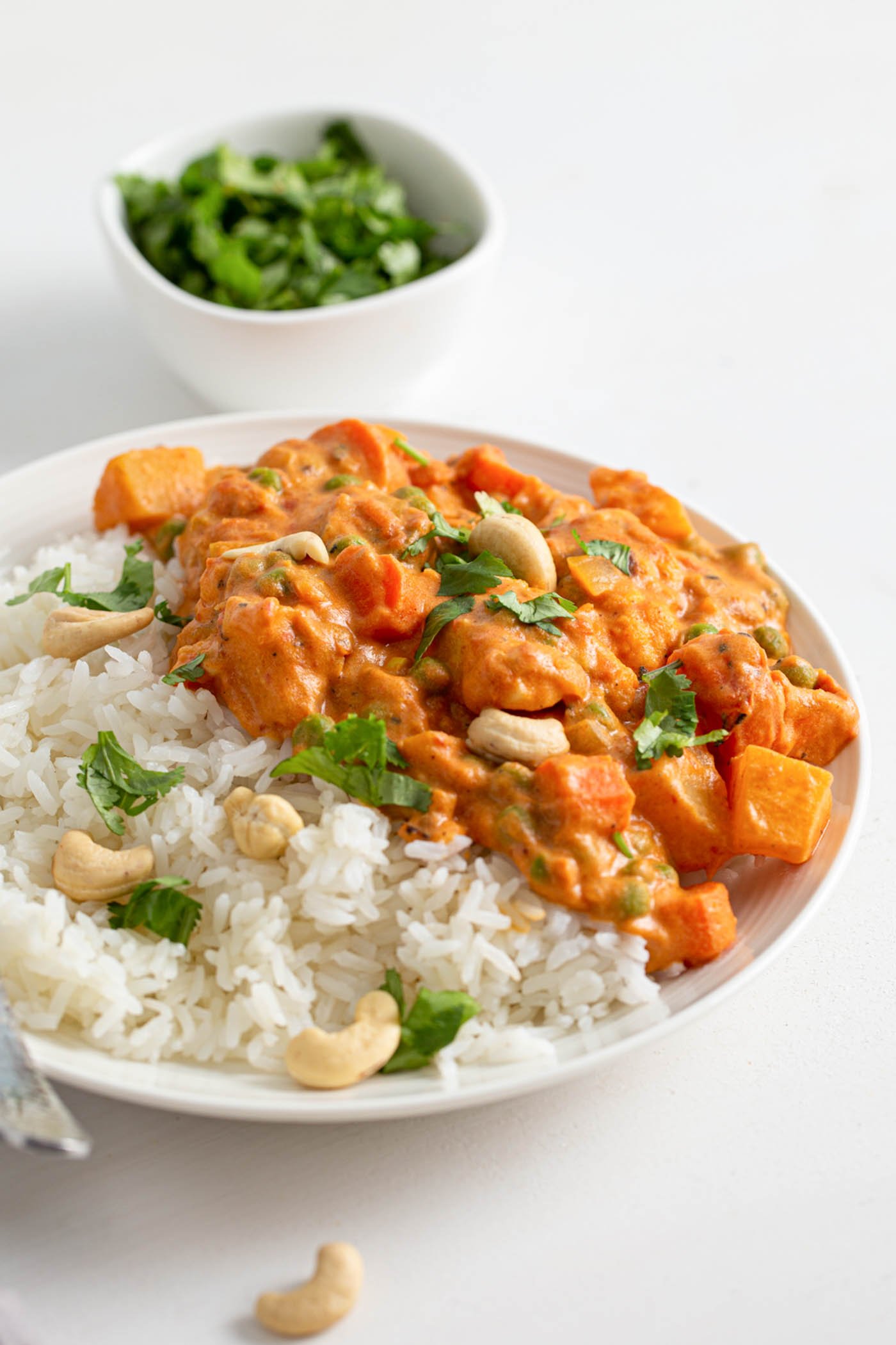 Plate of rice and vegetable korma with potatoes, carrot and celery topped with cilantro and cashews.