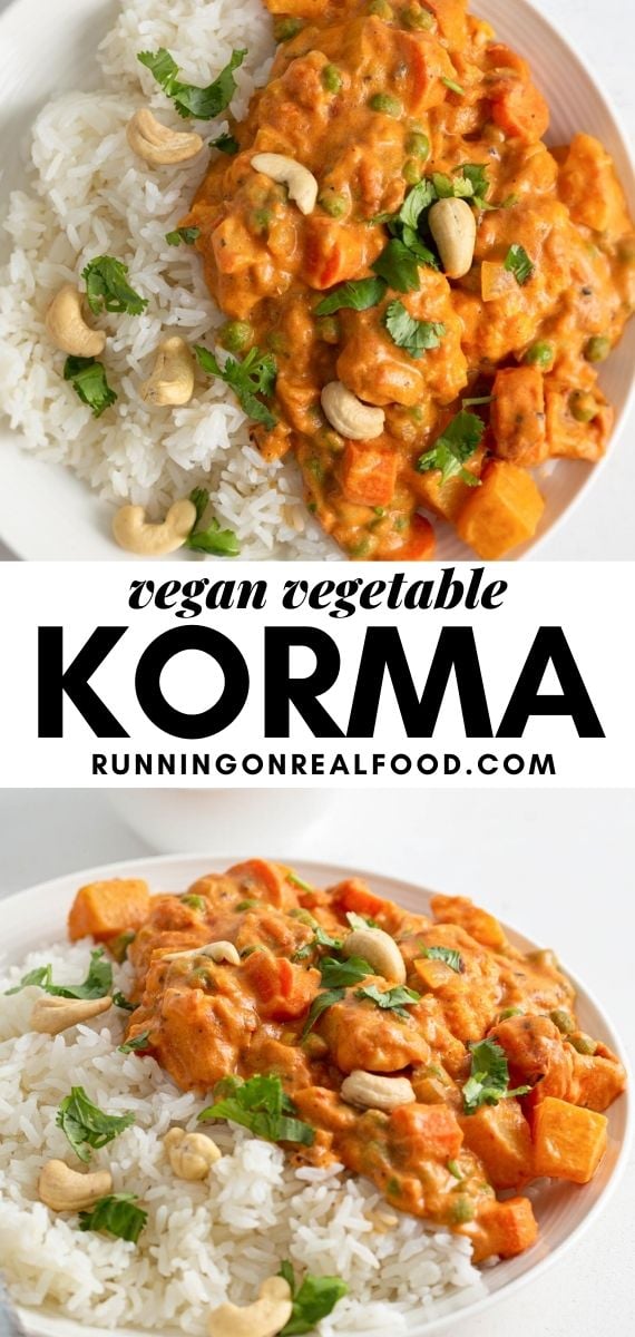 Pinterest graphic with an image and text for a vegan korma recipe.