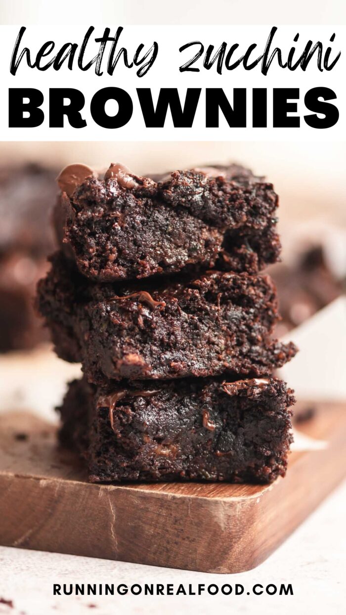 Pinterest graphic for a healthy vegan zucchini brownie recipe with a text title and an image of the brownies.